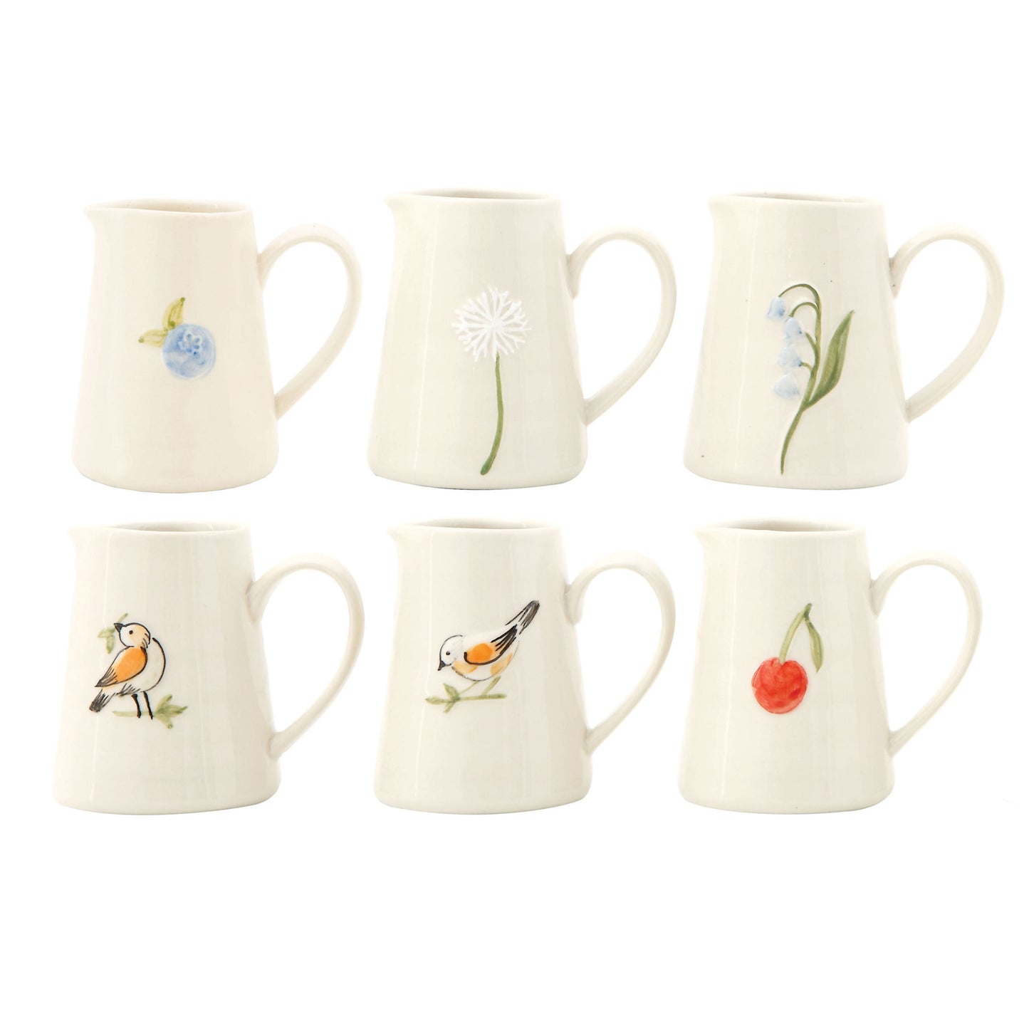 Hand-Painted Stoneware Creamer with Embossed Birds (Set of 6)