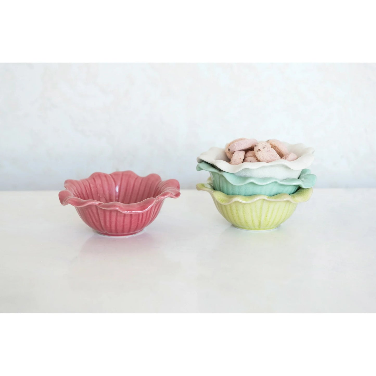 Debossed Stoneware Flower Bowl, Crackle Glaze (Set of 4)