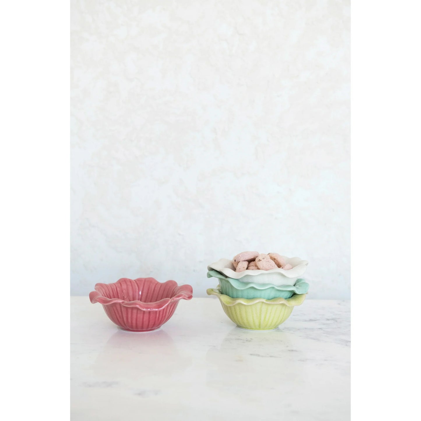 Debossed Stoneware Flower Bowl, Crackle Glaze (Set of 4)