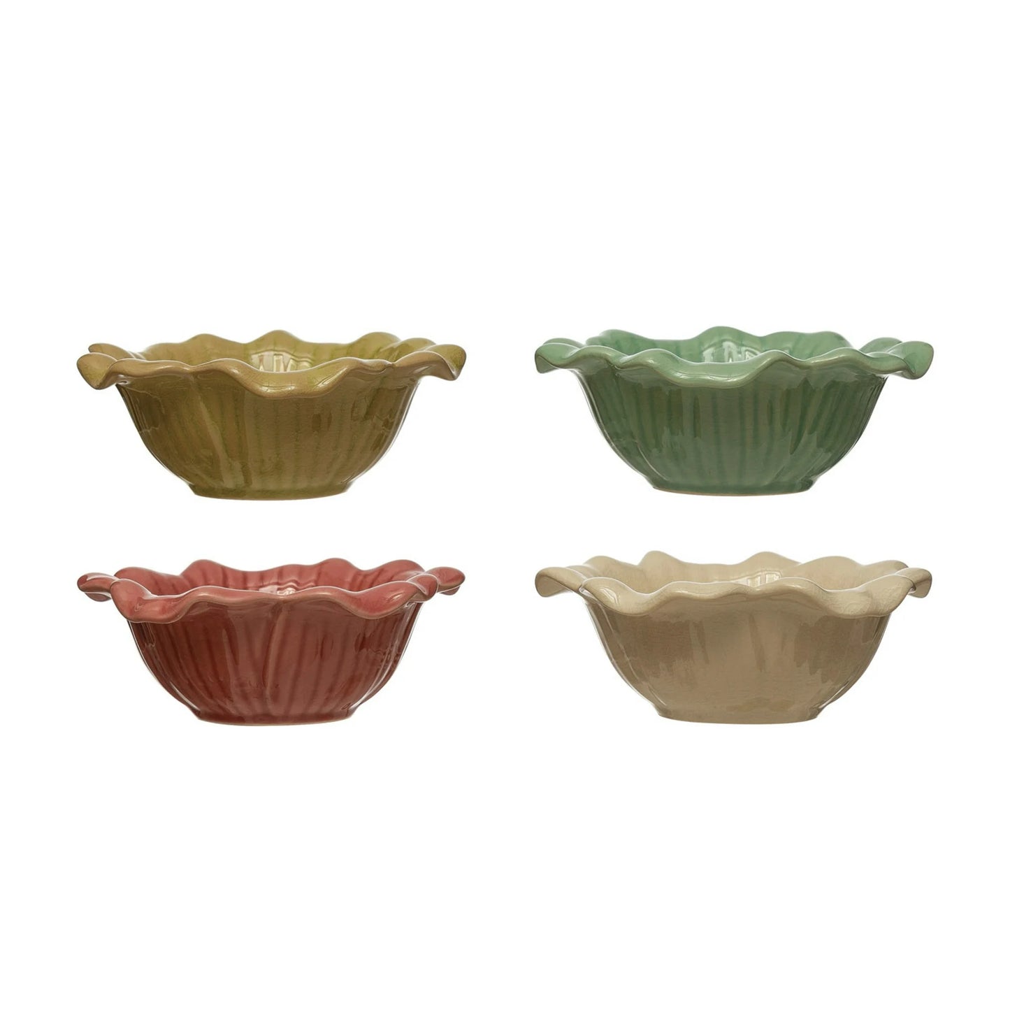Debossed Stoneware Flower Bowl, Crackle Glaze (Set of 4)