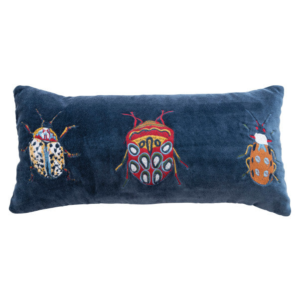 Embroidered Beetles Cotton Velvet Lumbar Pillow with Chambray Back