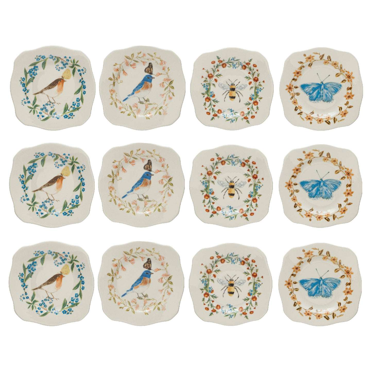 Painted Fauna Stoneware Plates With Scalloped Edge (Set of 12)