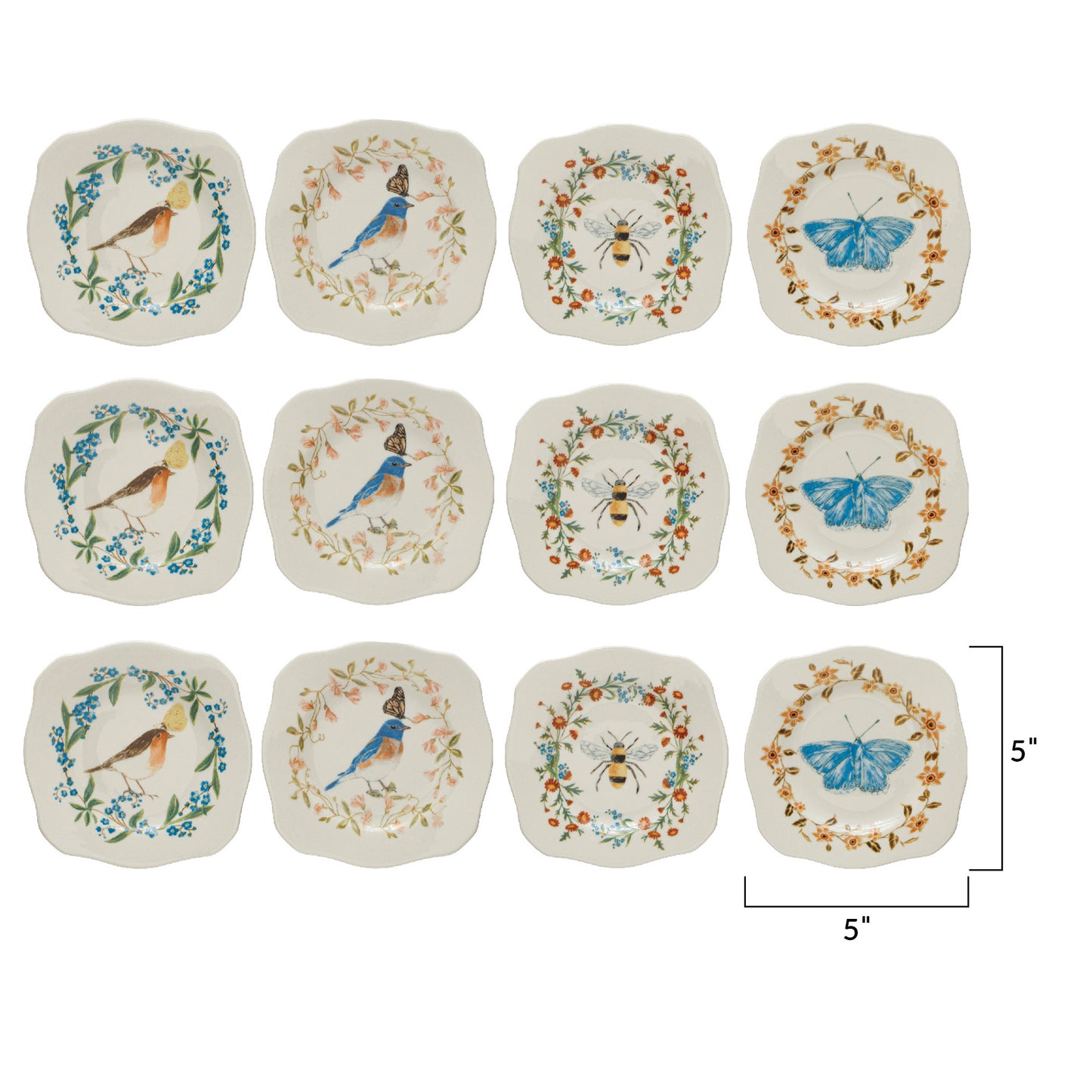 Painted Fauna Stoneware Plates With Scalloped Edge (Set of 12)
