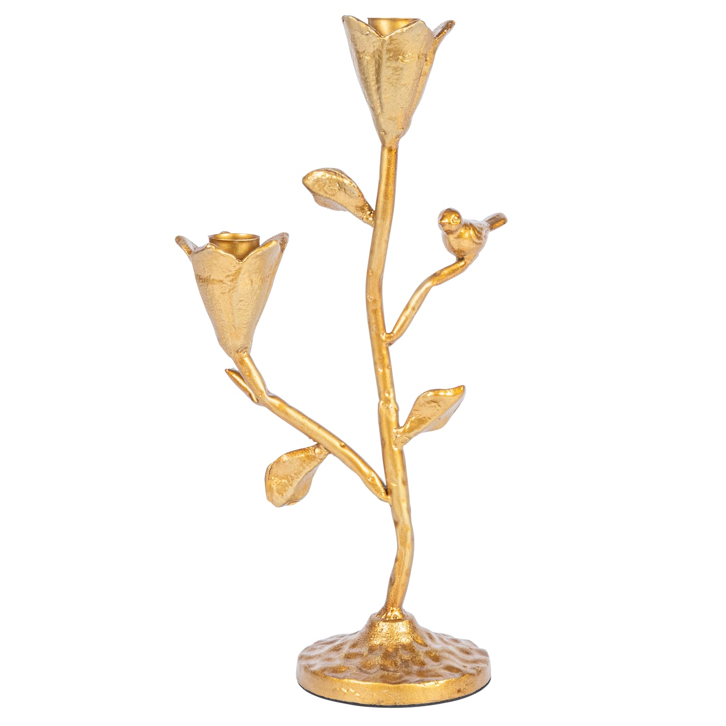 Tall Gold Cast Iron Candelabra with Flowers and Bird
