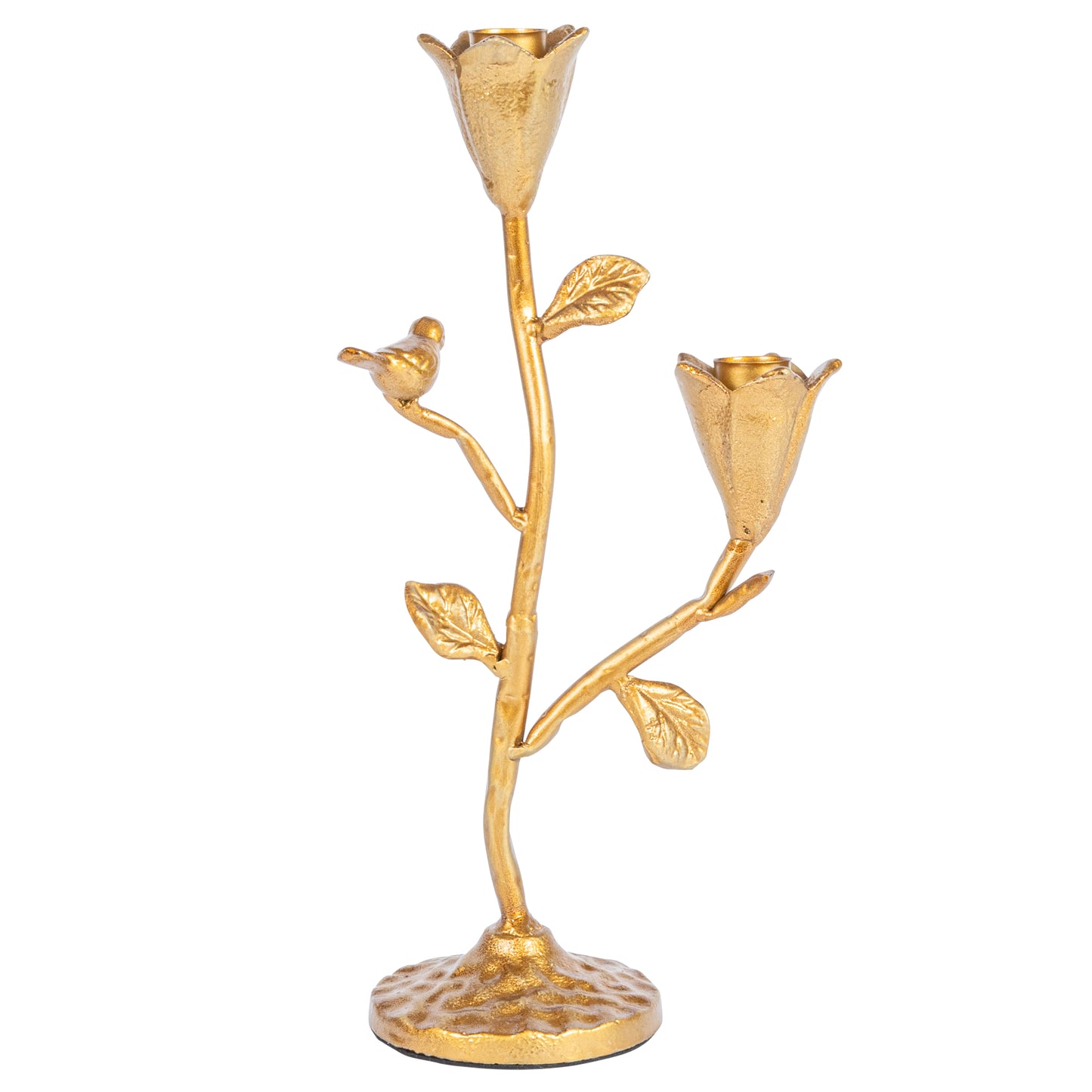 Tall Gold Cast Iron Candelabra with Flowers and Bird
