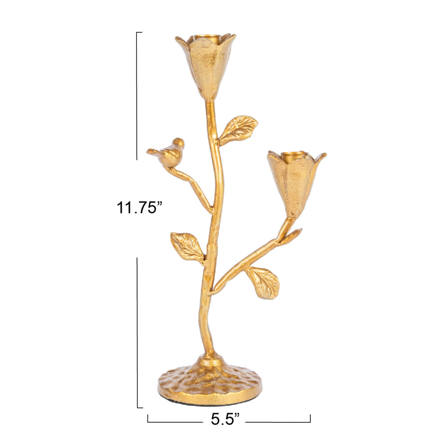 Tall Gold Cast Iron Candelabra with Flowers and Bird