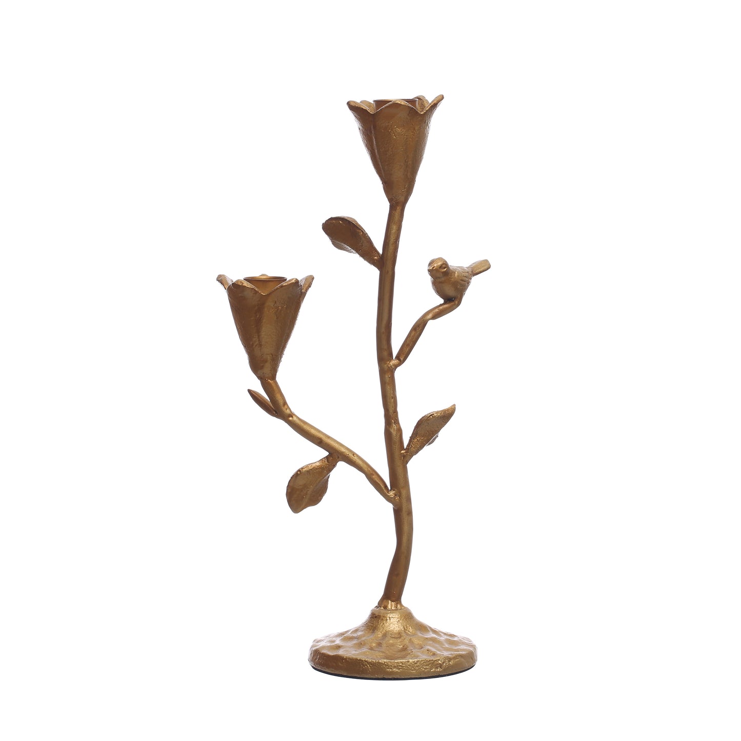 Tall Gold Cast Iron Candelabra with Flowers and Bird