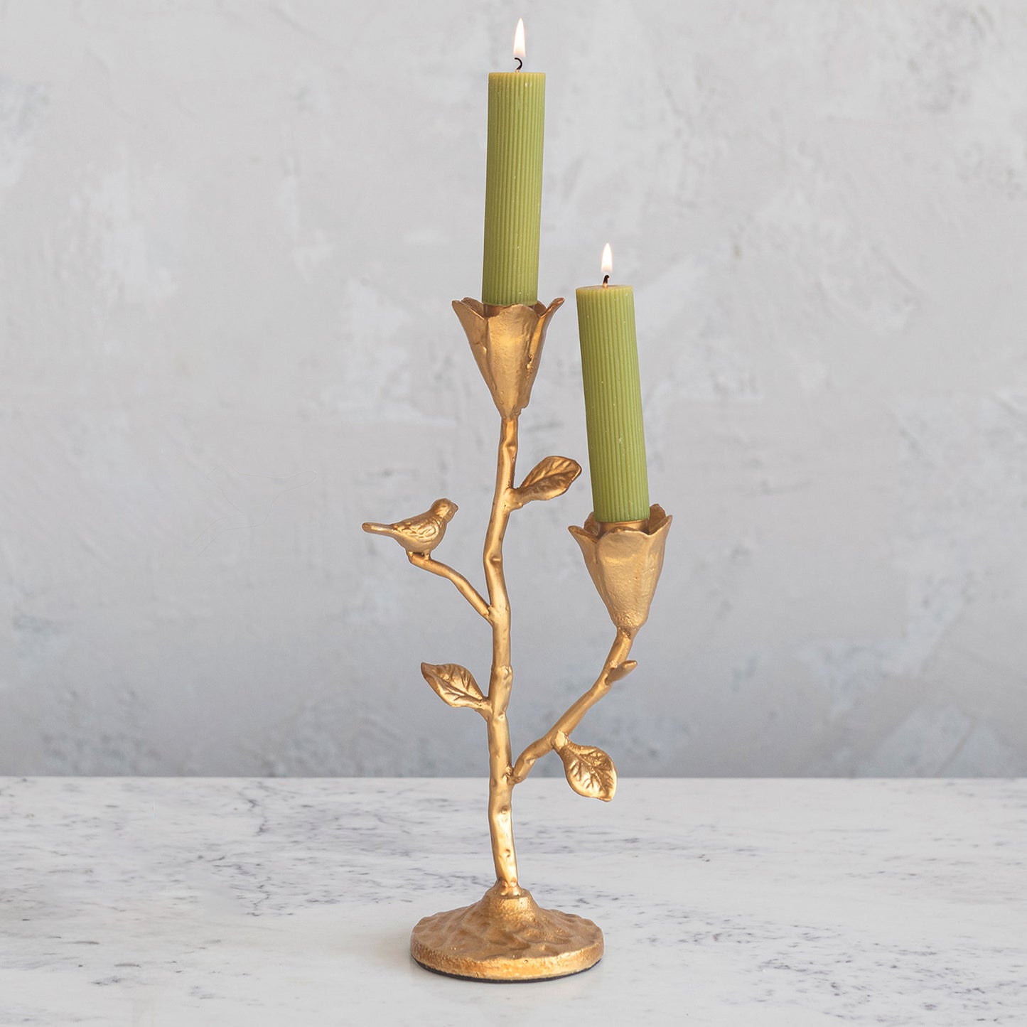 Tall Gold Cast Iron Candelabra with Flowers and Bird