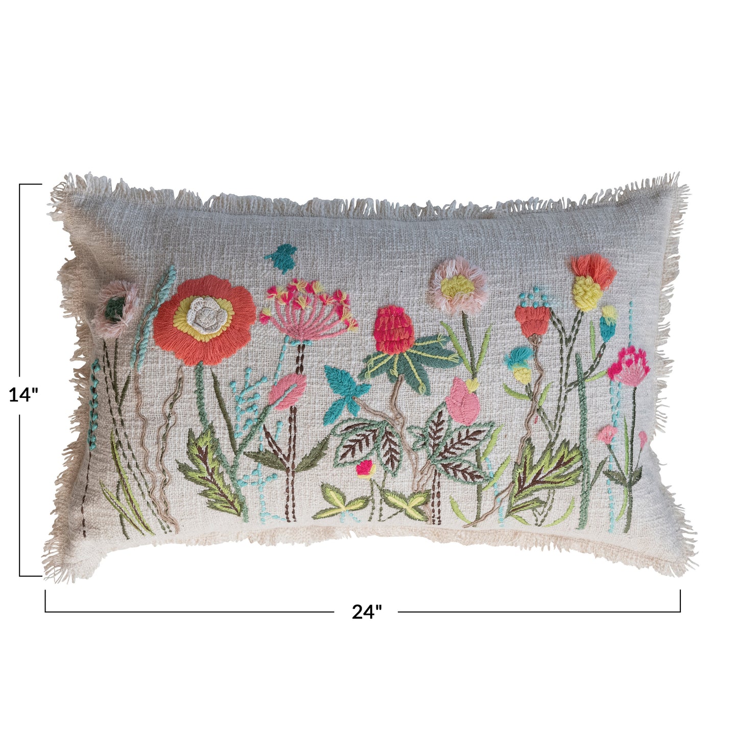 Multicolor Cotton Slub Lumbar Pillow with Fringe & Floral Design
