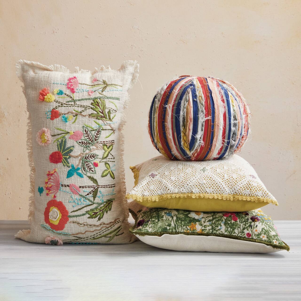 Multicolor Cotton Slub Lumbar Pillow with Fringe & Floral Design