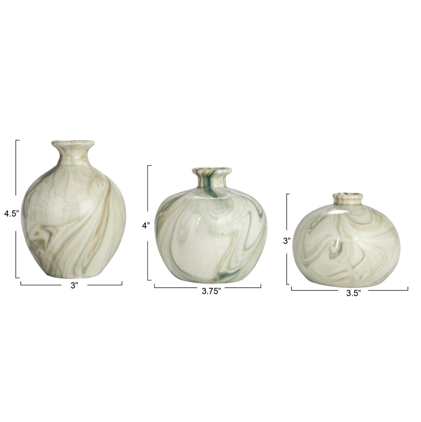 Green Stoneware Vases with Marbled Designs (Set of 3 Sizes)