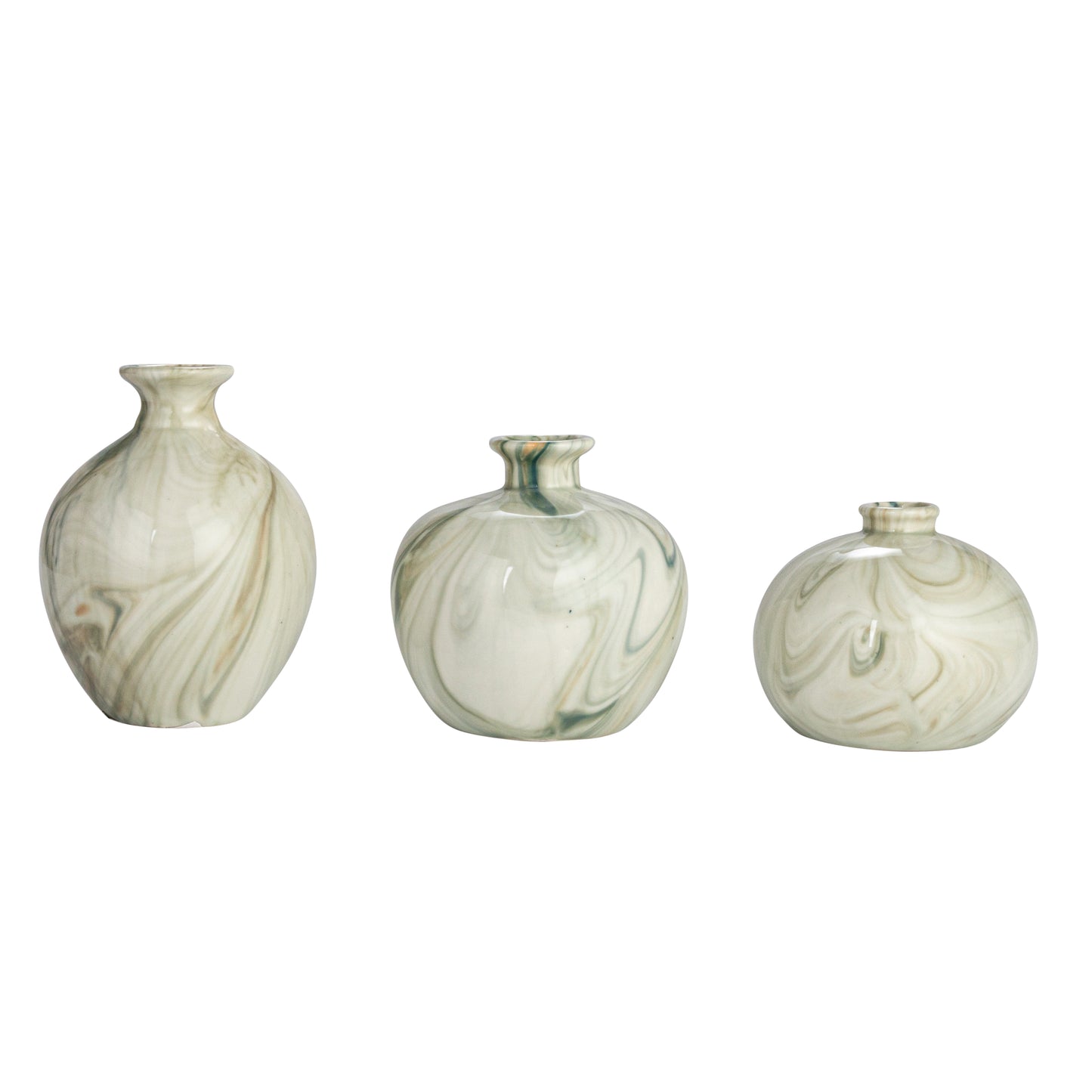Green Stoneware Vases with Marbled Designs (Set of 3 Sizes)