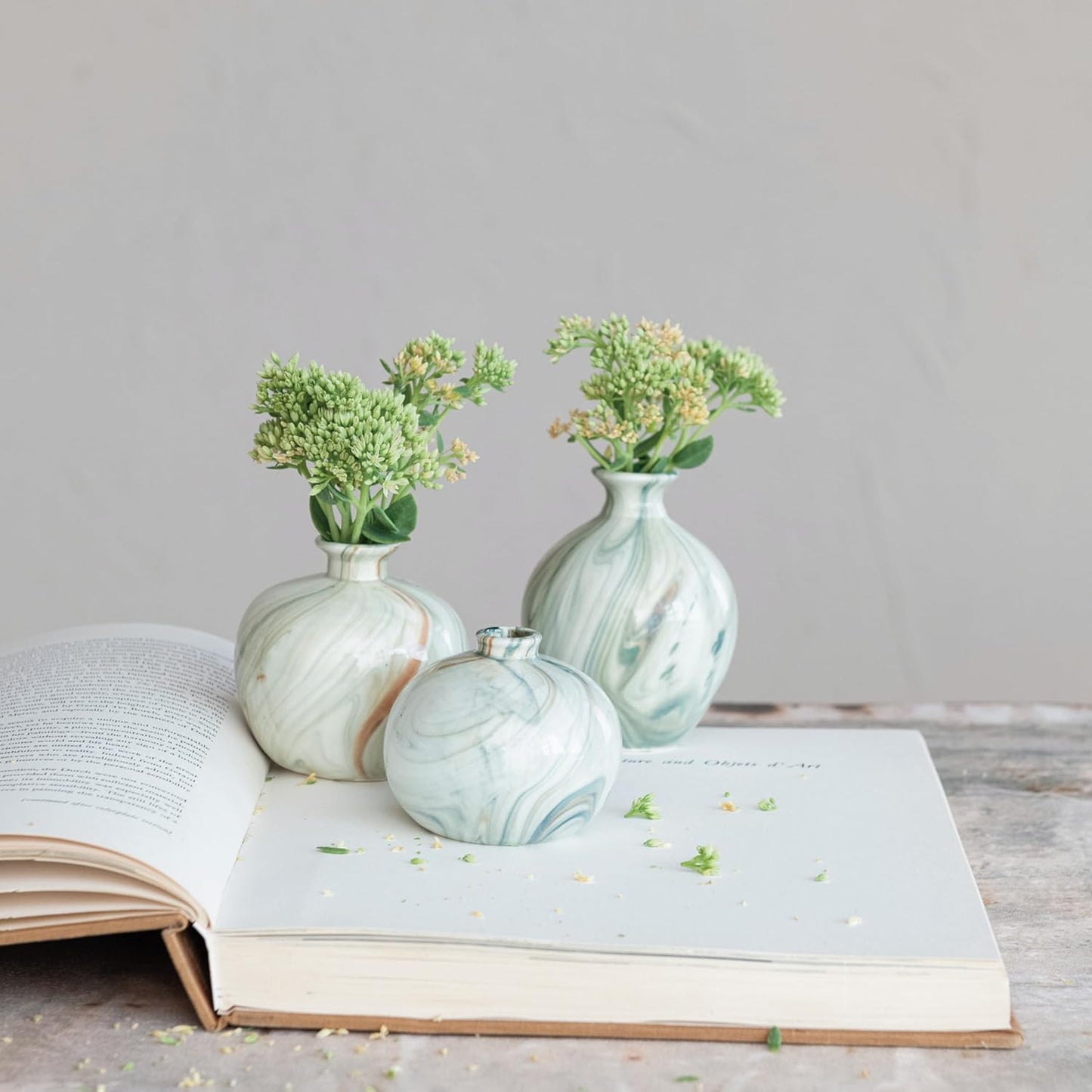 Green Stoneware Vases with Marbled Designs (Set of 3 Sizes)