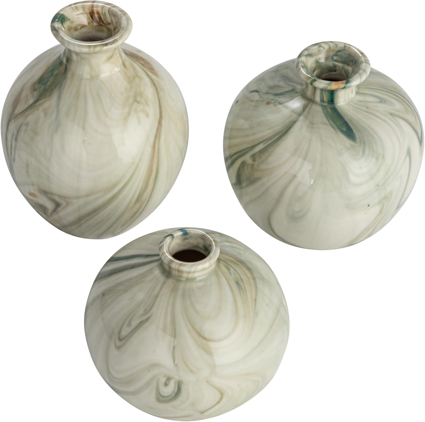 Green Stoneware Vases with Marbled Designs (Set of 3 Sizes)