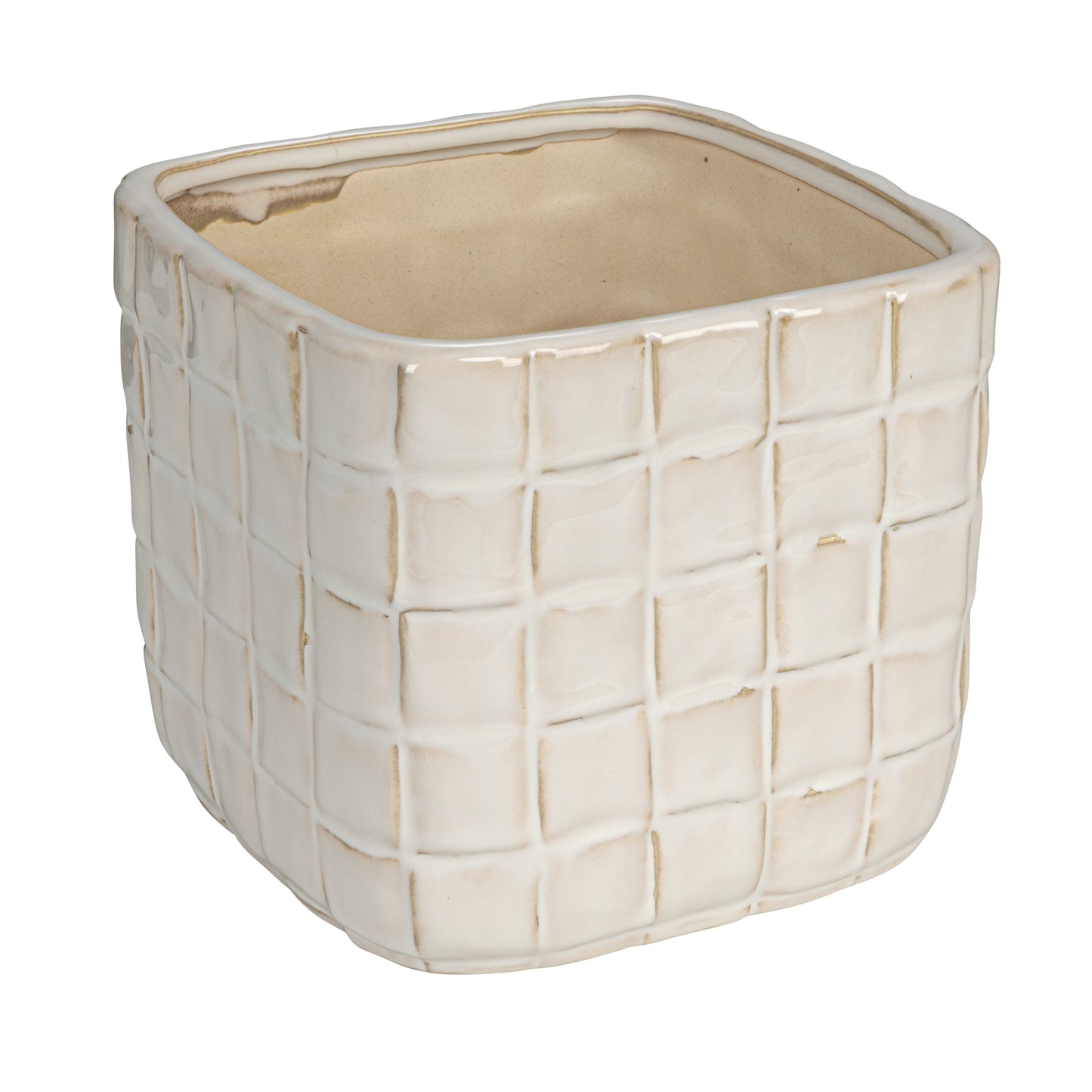 A white stoneware planter with a debossed woven grid pattern.