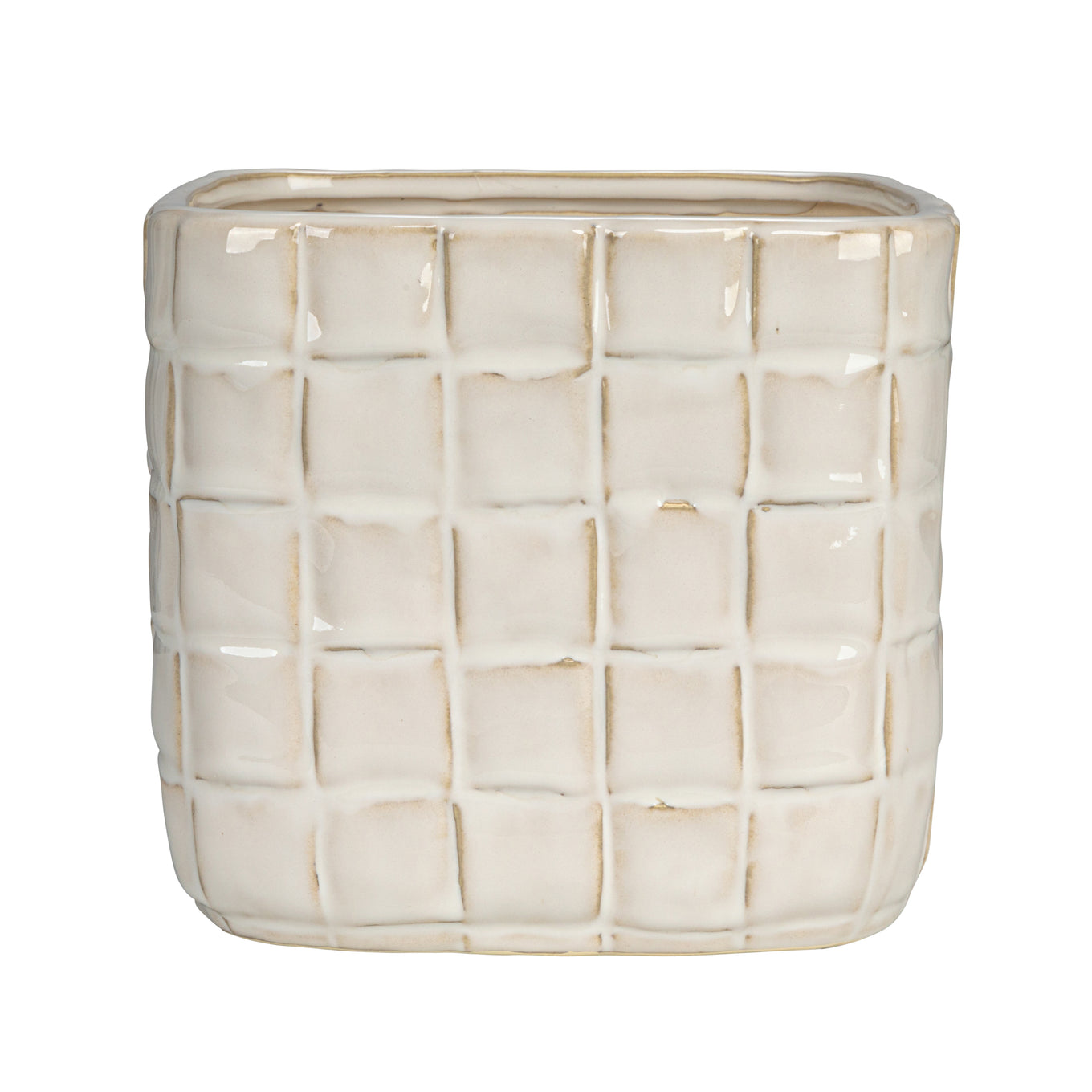 A white stoneware planter with a debossed woven grid pattern.