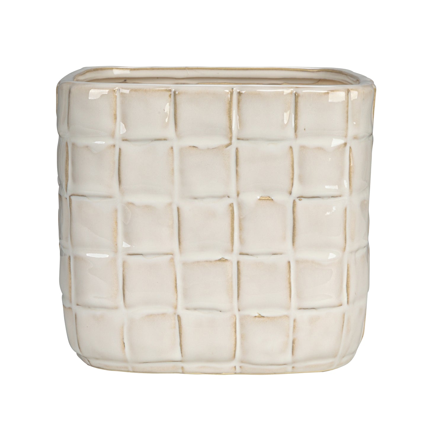 A white stoneware planter with a debossed woven grid pattern.