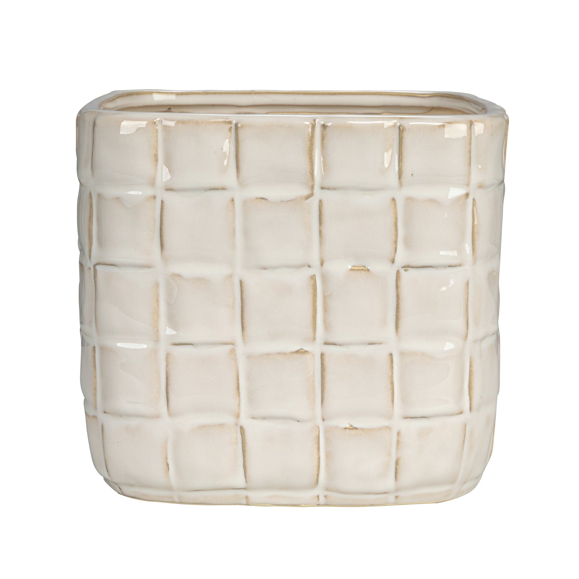A white stoneware planter with a debossed woven grid pattern.
