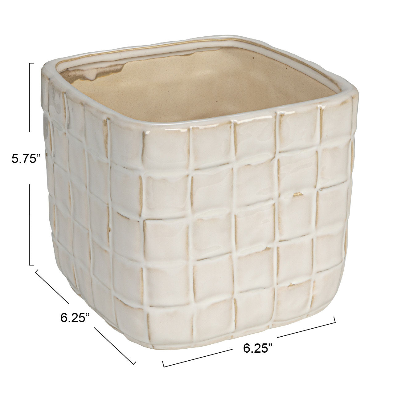 A white stoneware planter with a debossed woven grid pattern.