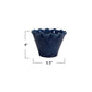 Navy blue ceramic planter with dimensions on a white background