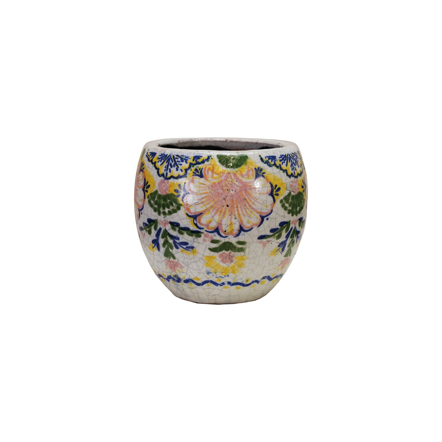 Multicolor Terracotta Planter with Floral Pattern, Crackle Glaze