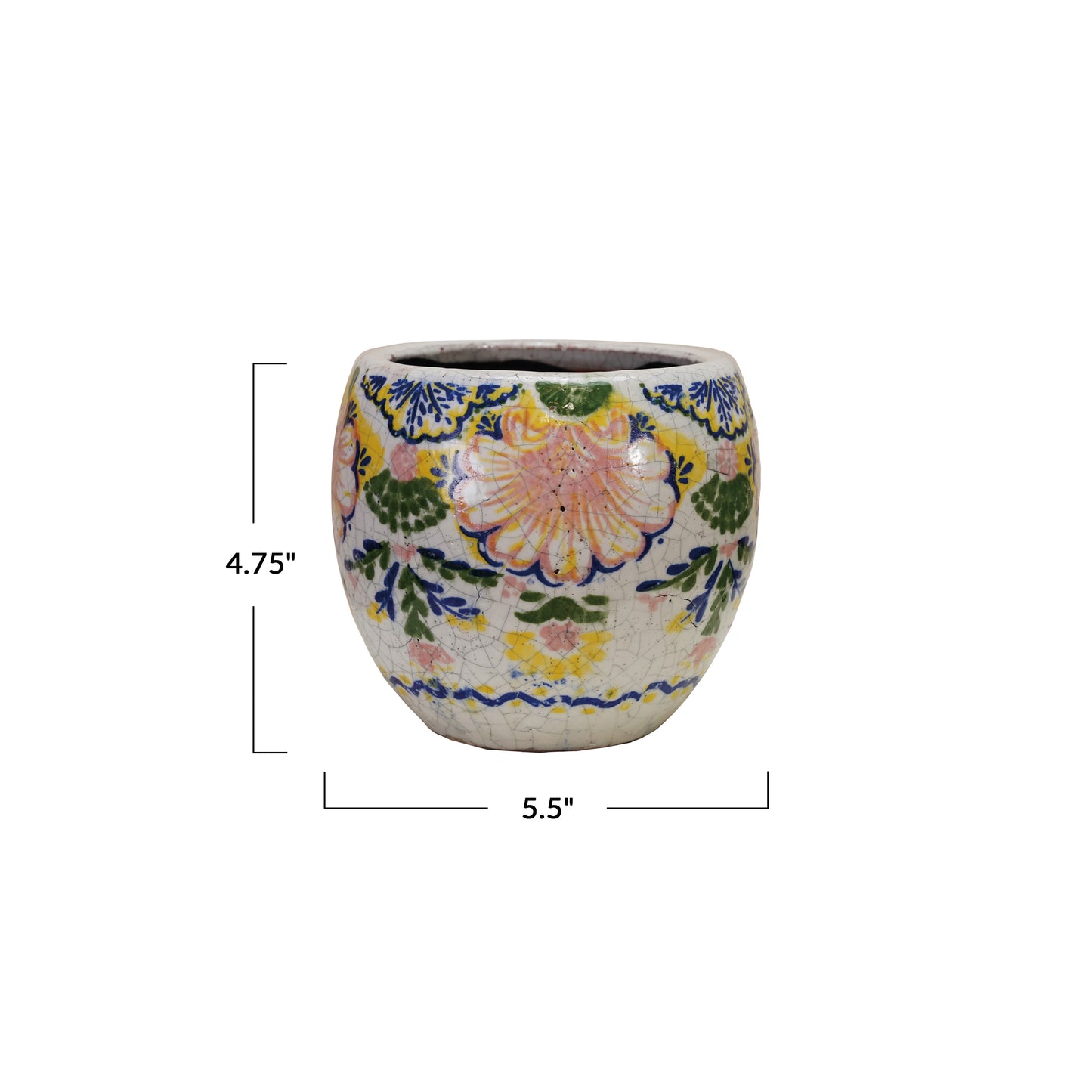 Multicolor Terracotta Planter with Floral Pattern, Crackle Glaze