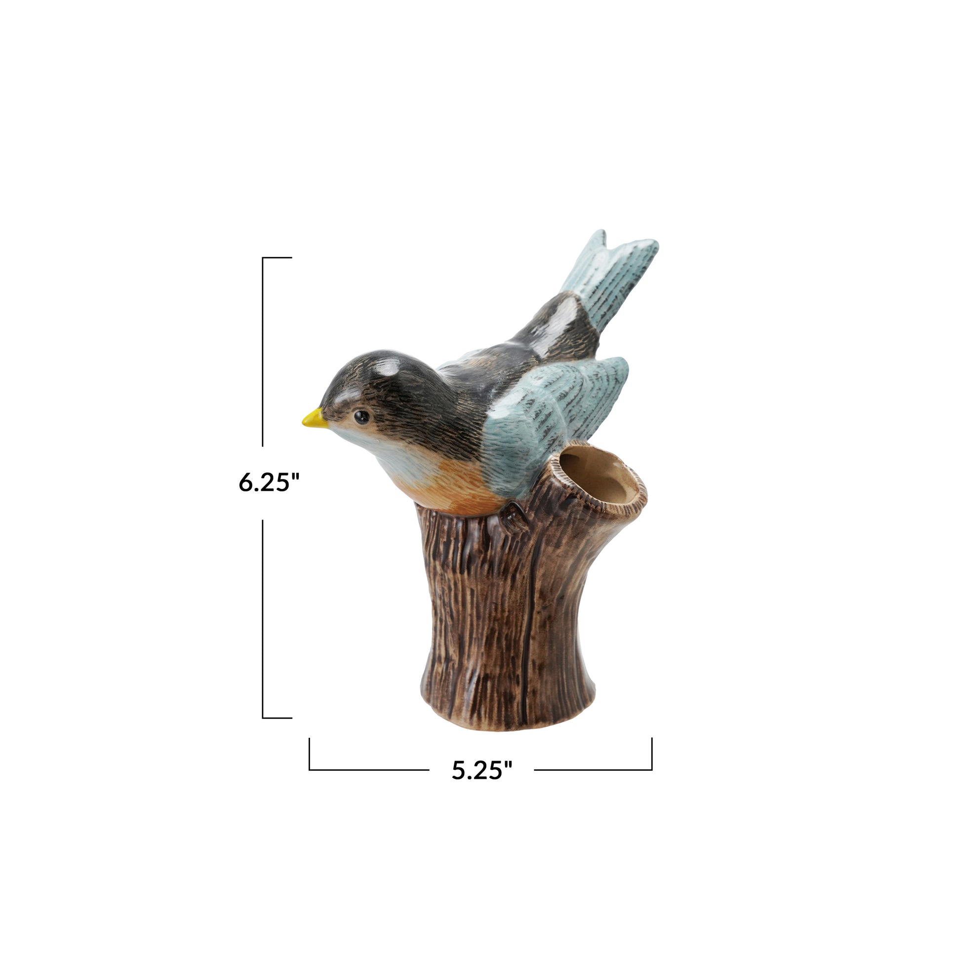 A hand-painted stoneware bird vase with a multicolor design, depicting a bird perched on a stump.