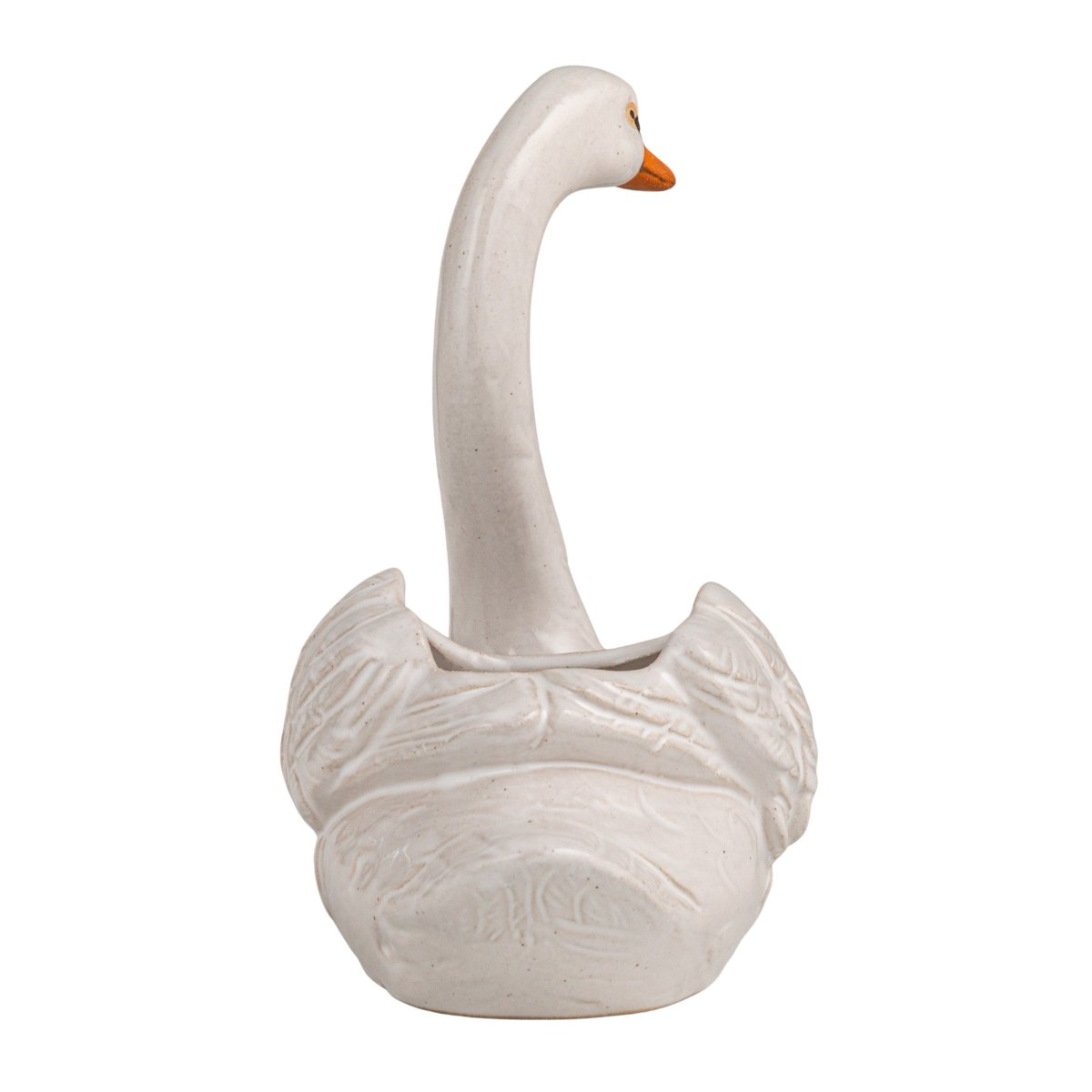 Stoneware Swan Planter – Elegant White, Black & Orange Design