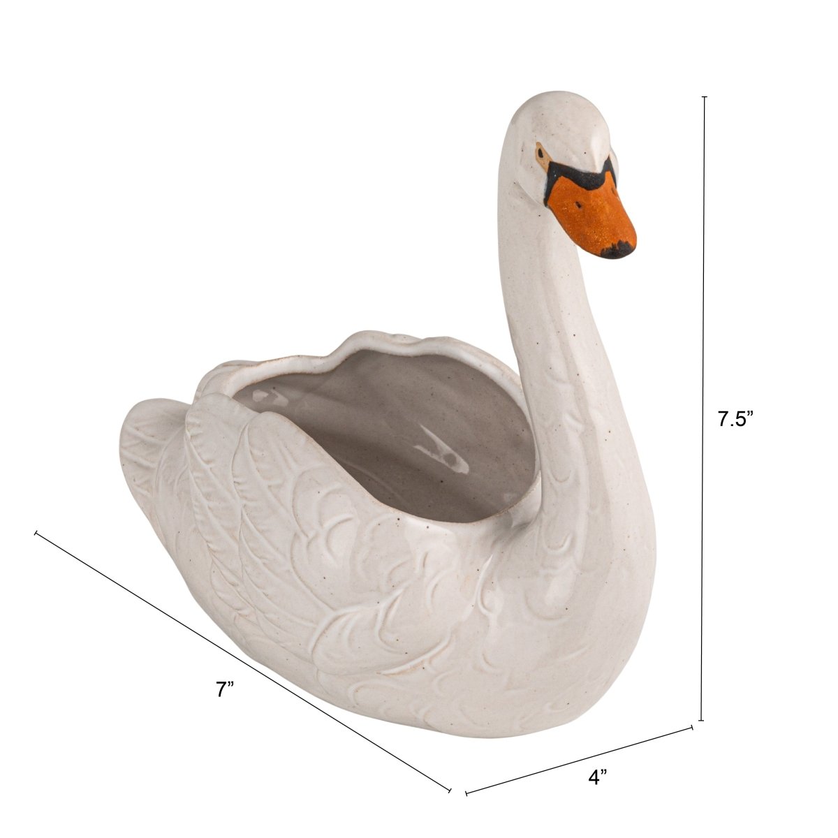 Stoneware Swan Planter – Elegant White, Black & Orange Design