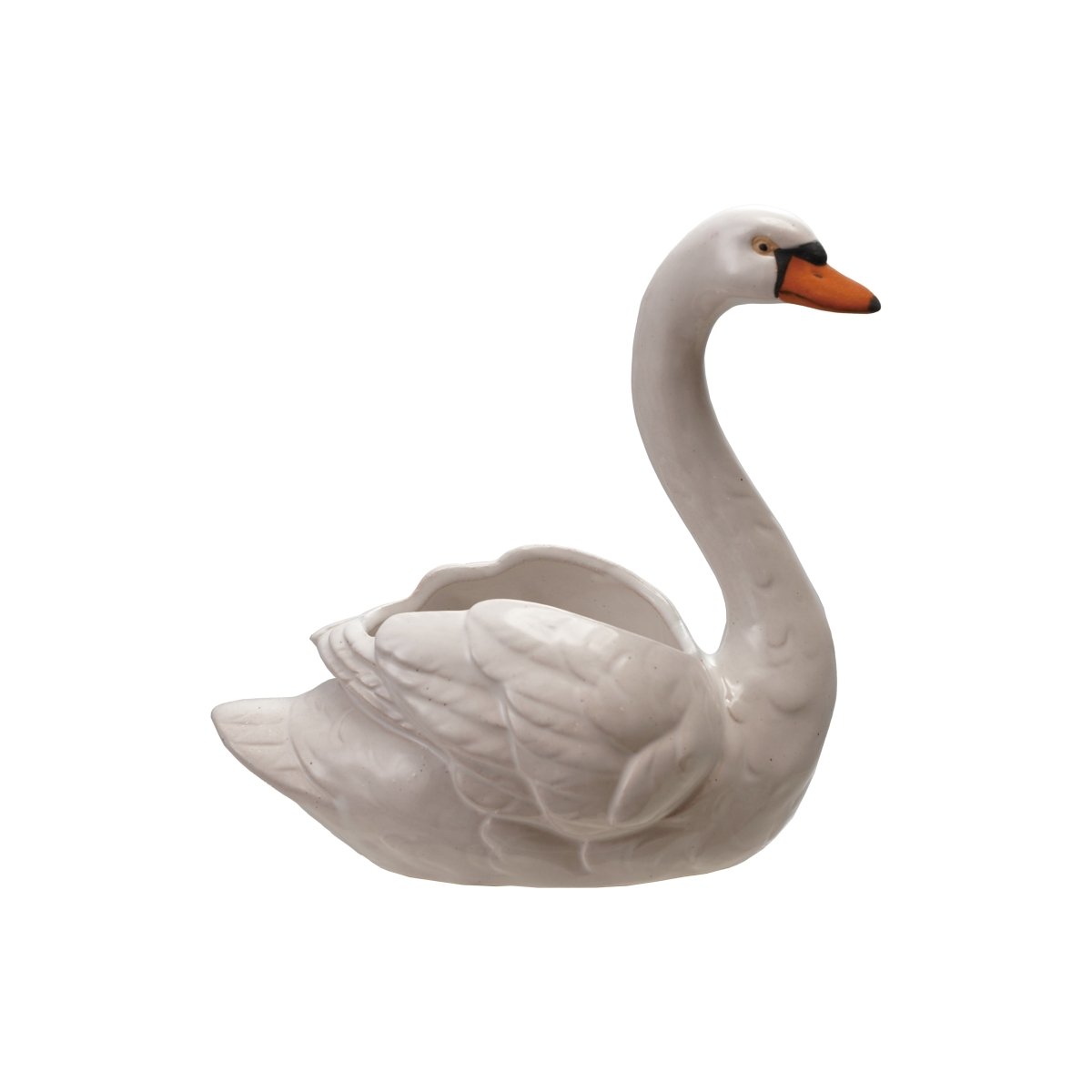 Stoneware Swan Planter – Elegant White, Black & Orange Design
