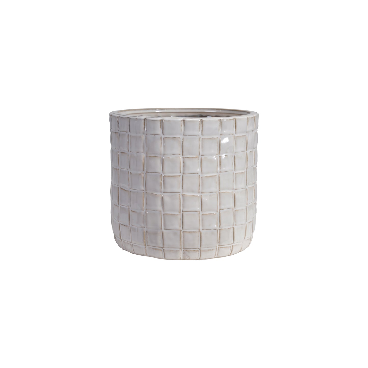 Cream Round Stoneware Planter with Woven Pattern in Reactive Glaze