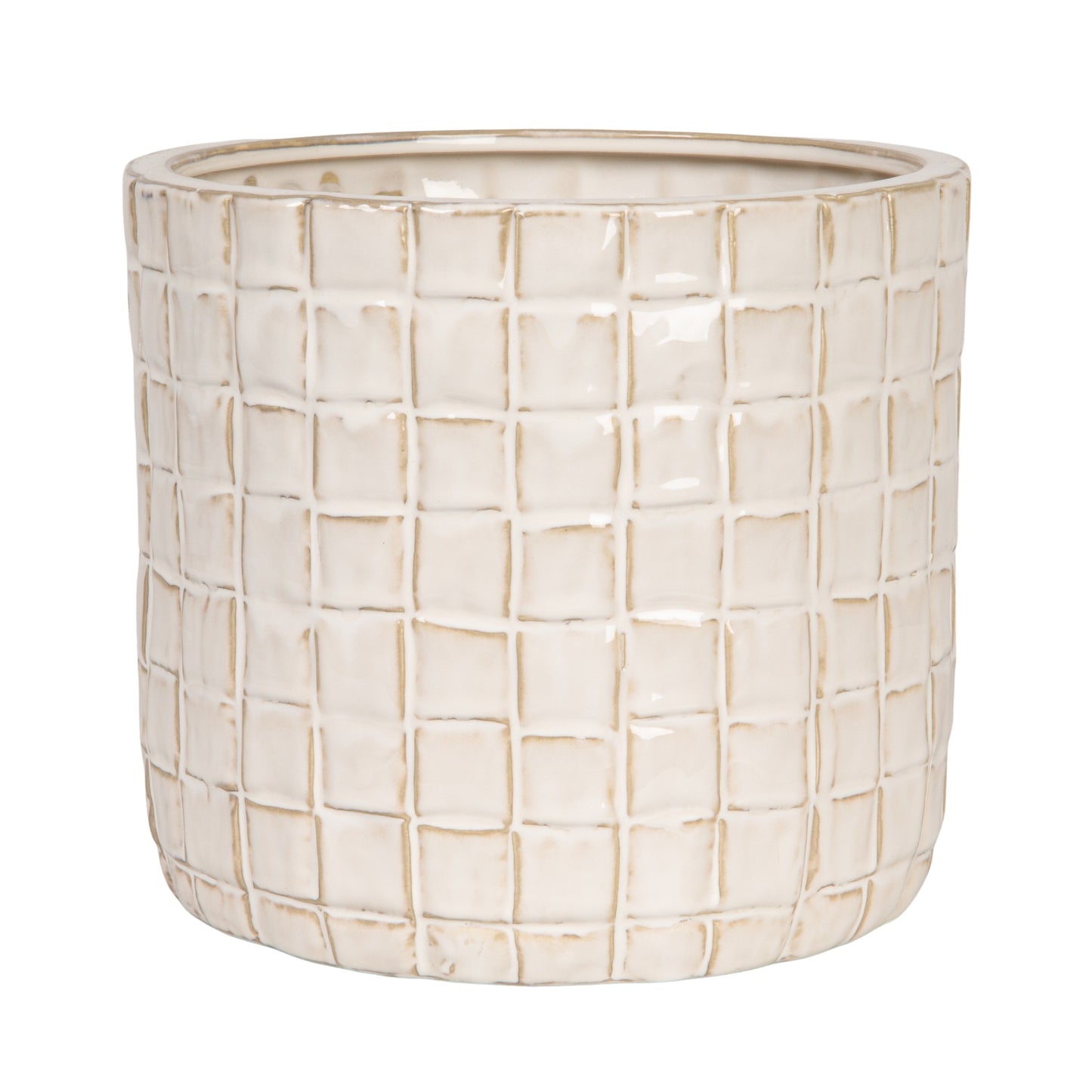 Cream Round Stoneware Planter with Woven Pattern in Reactive Glaze