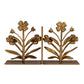 A pair of gold finish cast metal flower bookends with intricate floral designs on a square base.