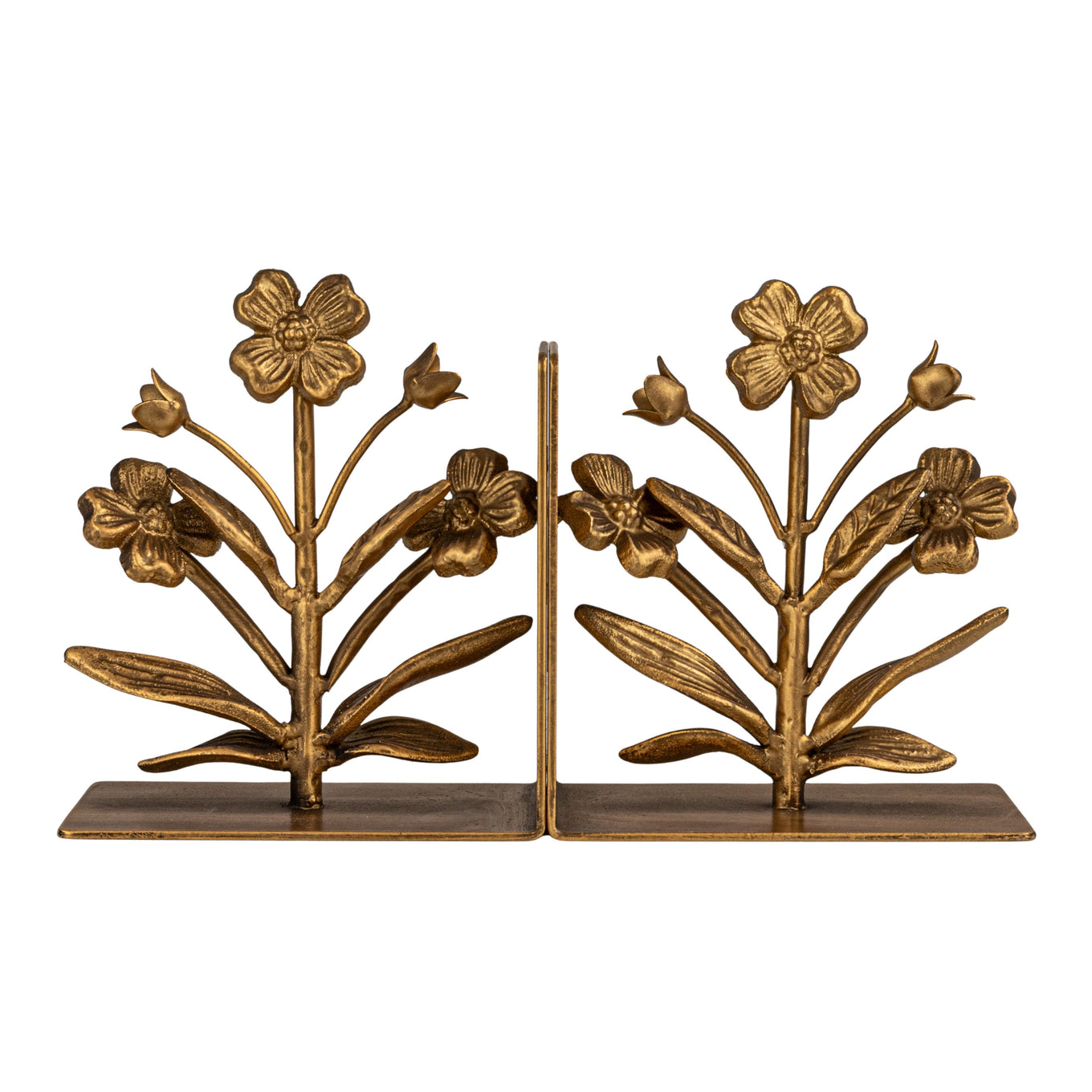 A pair of gold finish cast metal flower bookends with intricate floral designs on a square base.