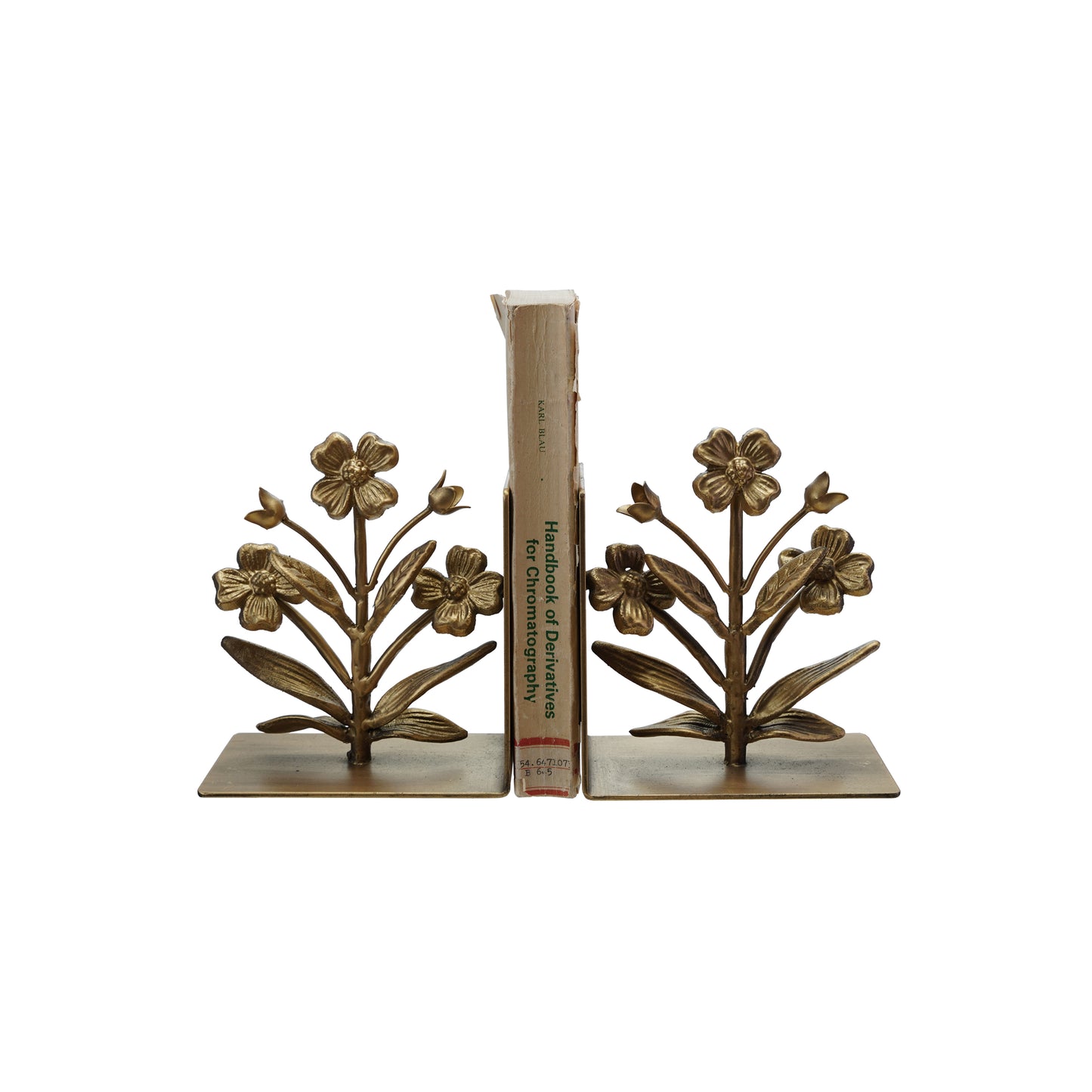 A pair of gold finish cast metal flower bookends with intricate floral designs on a square base.