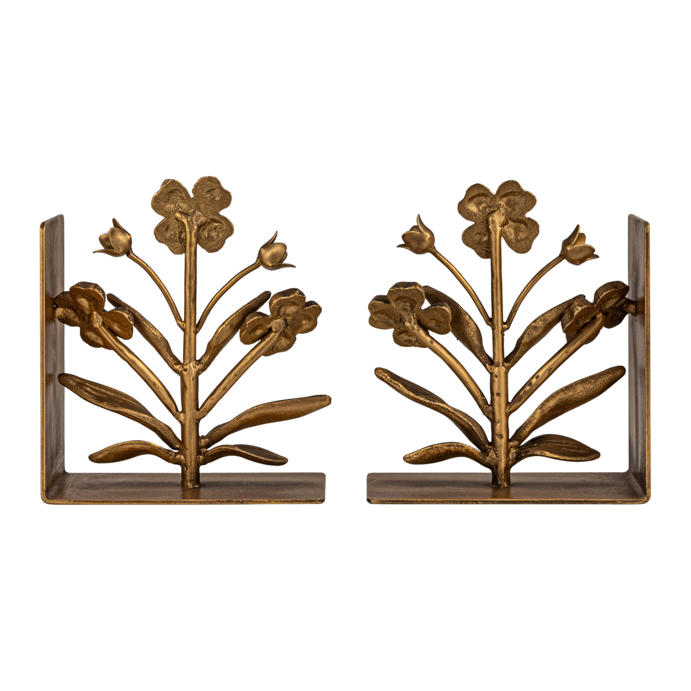 A pair of gold finish cast metal flower bookends with intricate floral designs on a square base.