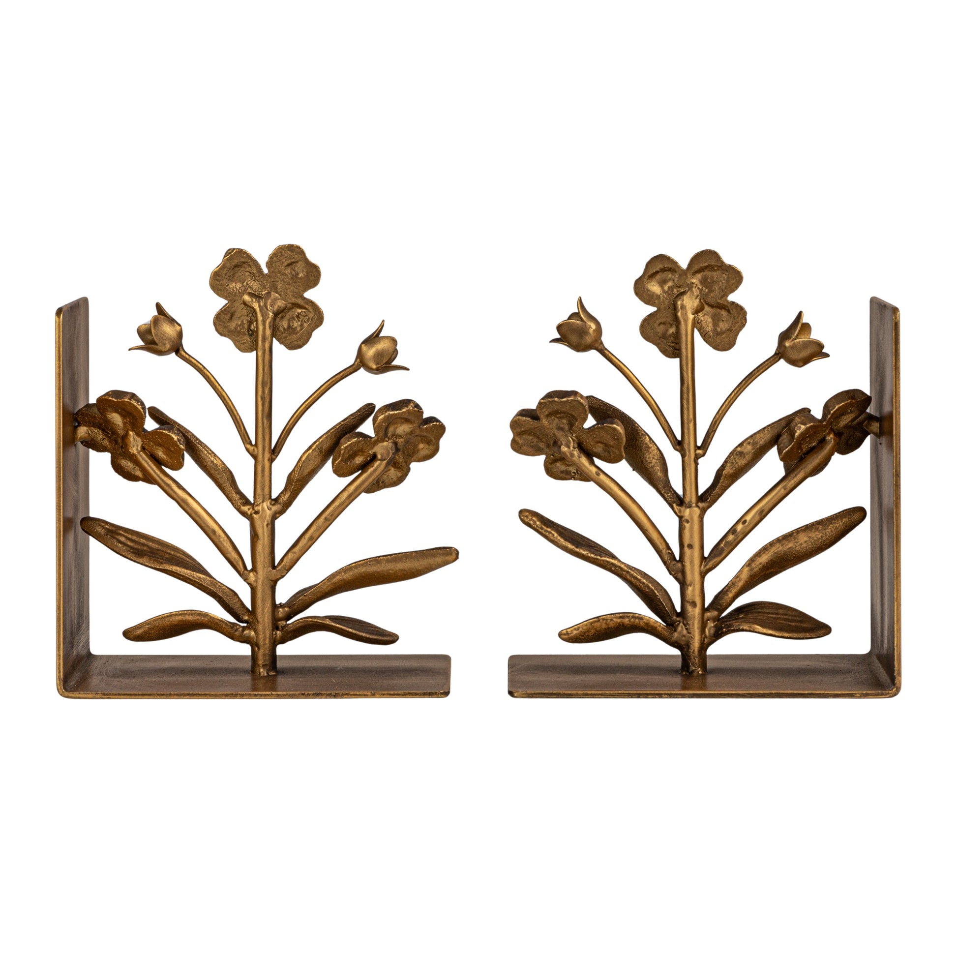 A pair of gold finish cast metal flower bookends with intricate floral designs on a square base.