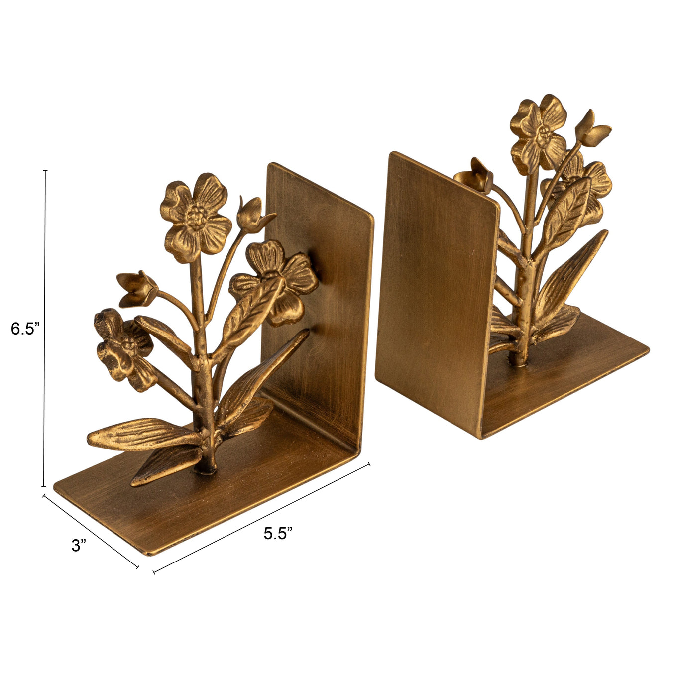 A pair of gold finish cast metal flower bookends with intricate floral designs on a square base.