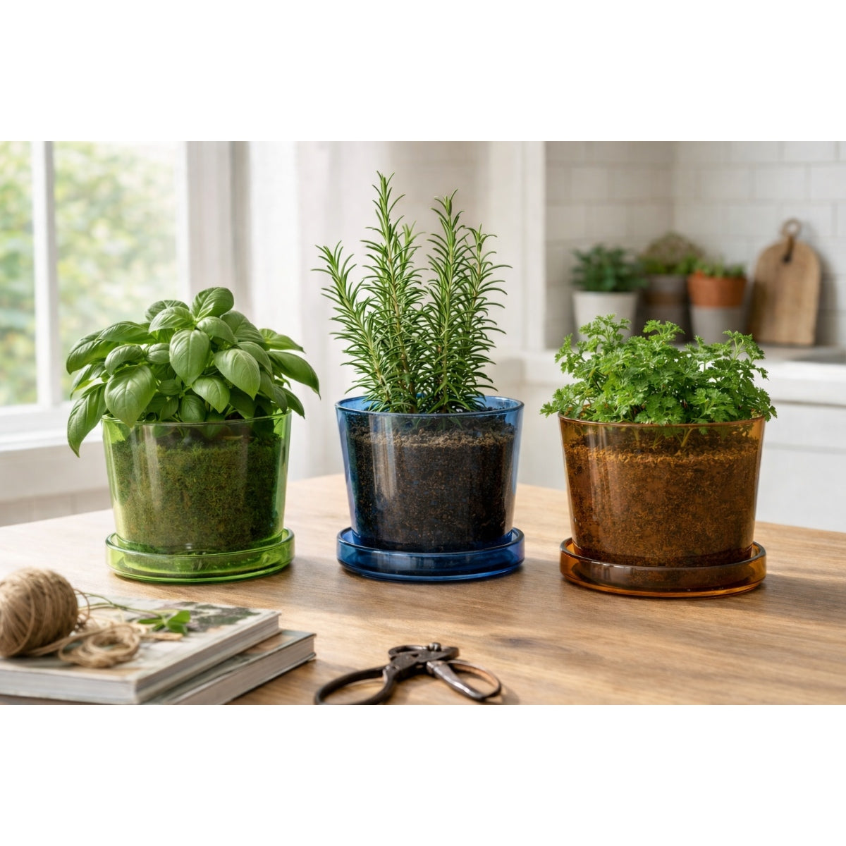 Three potted plants on a wooden table with a window in the background