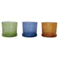 Three colorful glass planters in green, blue, and orange on a white background