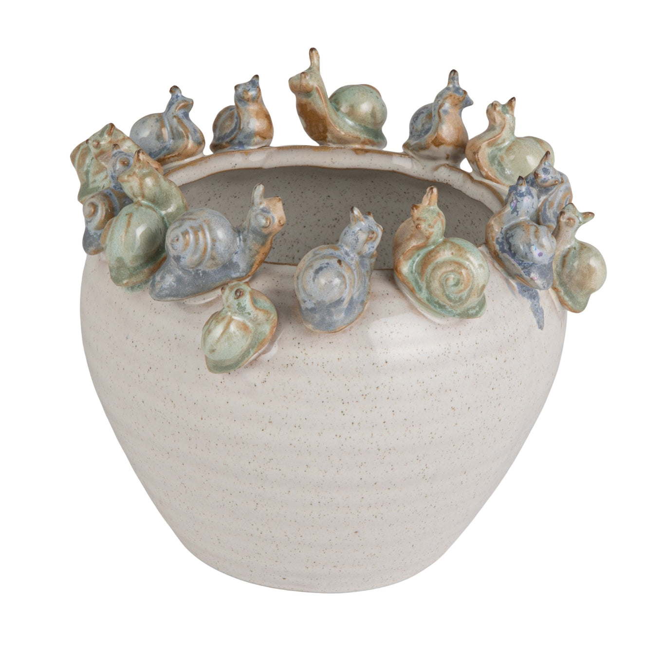 Ceramic planter with snail decorations on a white background