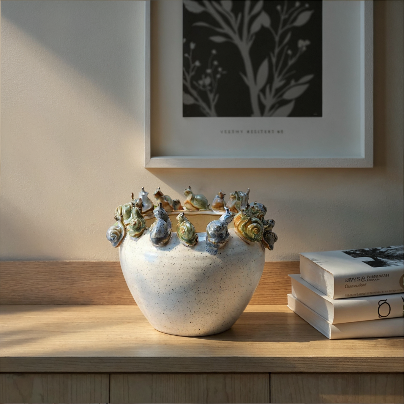 Decorative ceramic vase with animal sculptures on a wooden surface, framed artwork in the background.