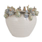Stoneware planter with 3D snails on the rim and a reactive speckled glaze in blue, green, and cream finishes.