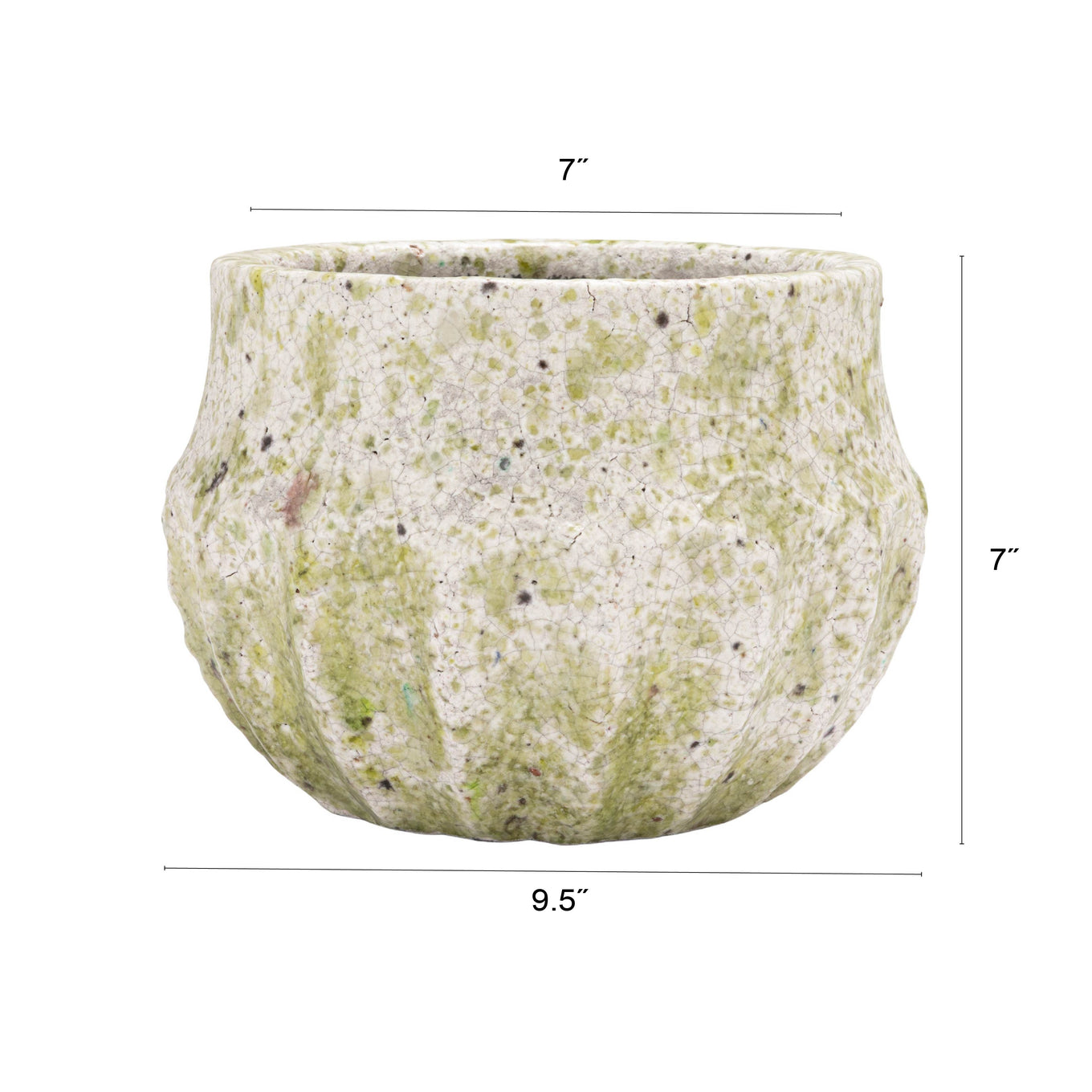 Green textured planter with dimensions on a white background