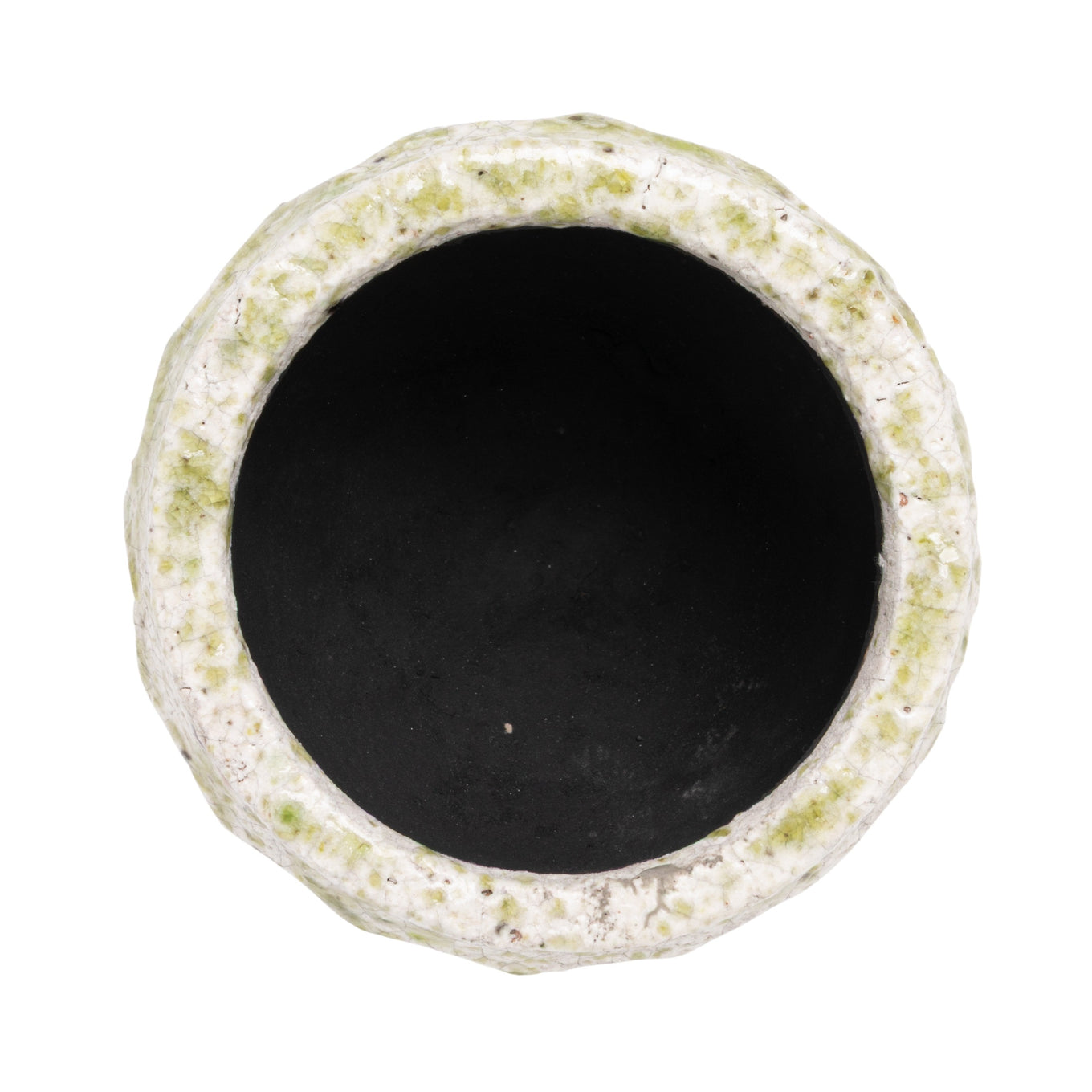 Round pot with textured white rim on a white background