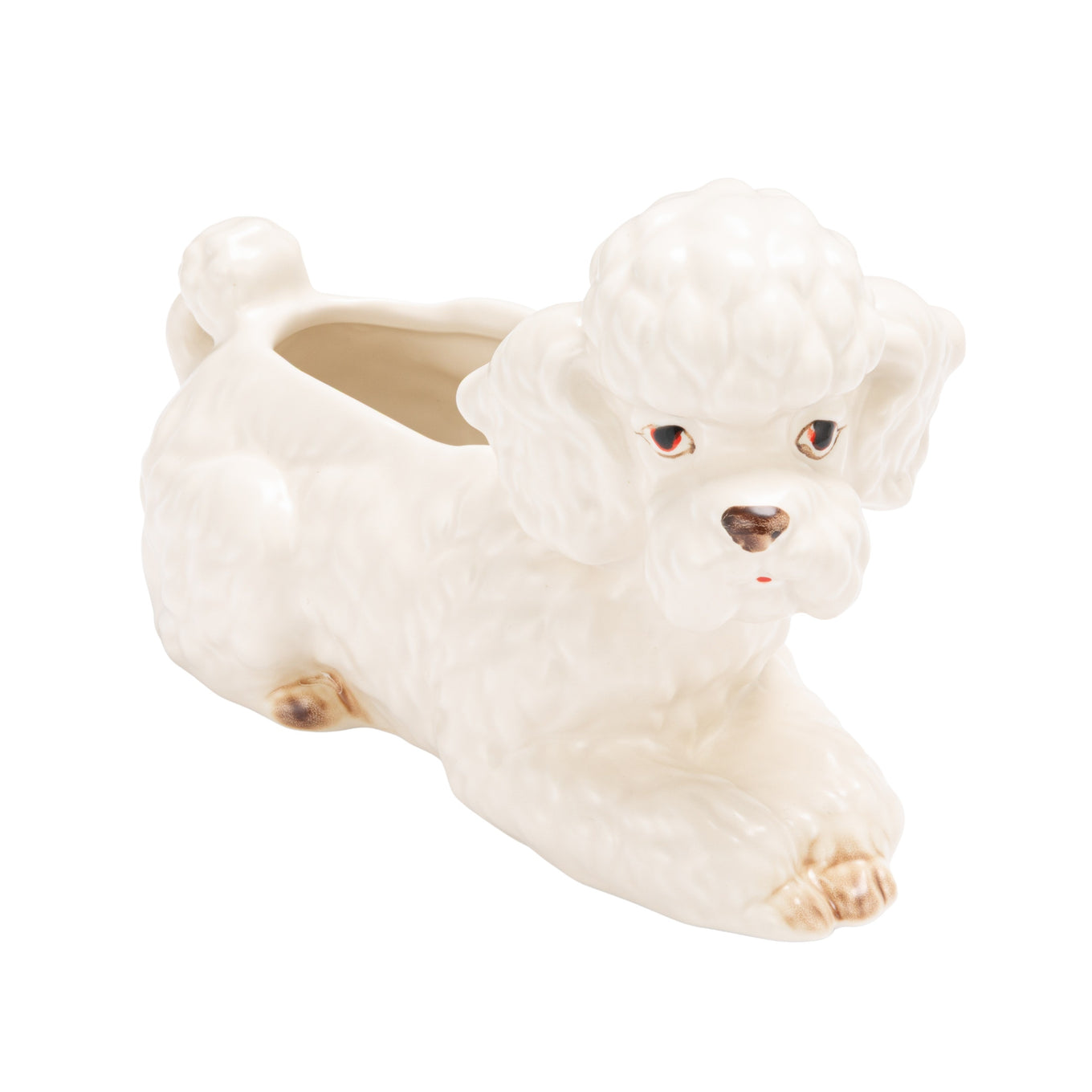 Hand-painted stoneware poodle planter with vintage reproduction design in white, brown, and black