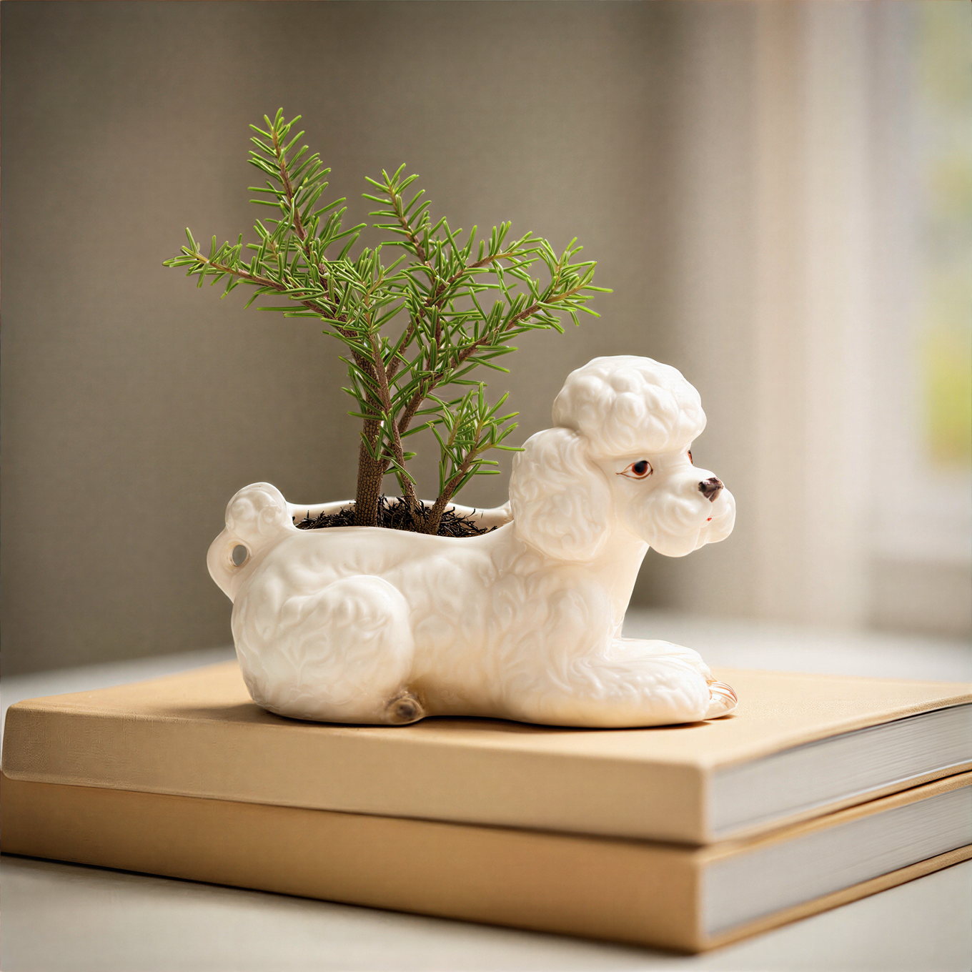 Hand-painted stoneware poodle planter with vintage reproduction design in white, brown, and black