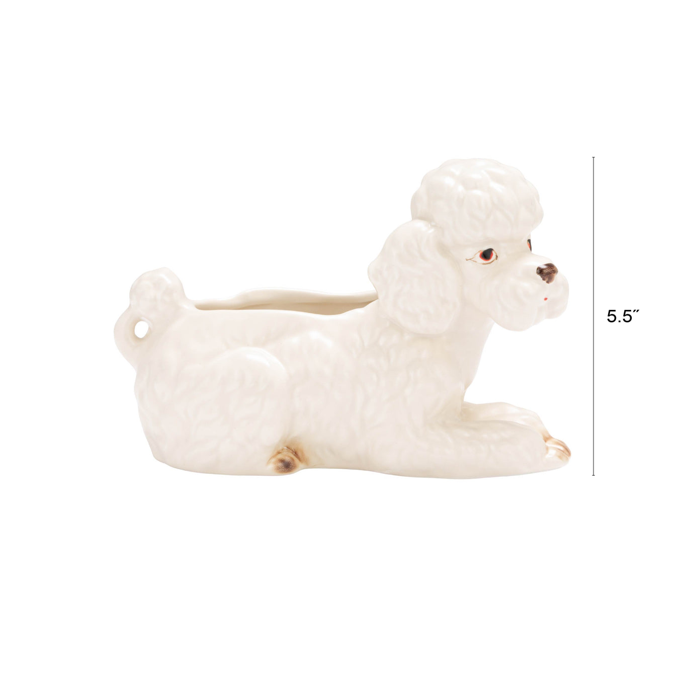 Hand-painted stoneware poodle planter with vintage reproduction design in white, brown, and black