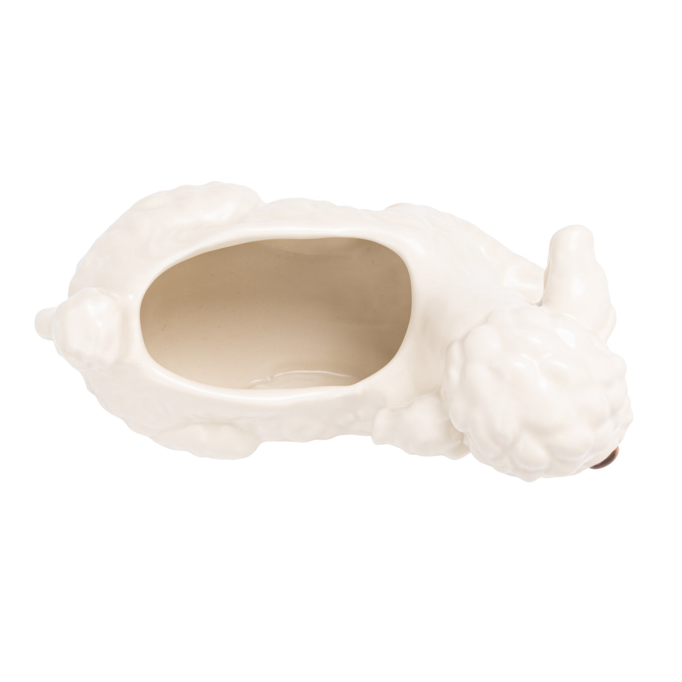 Hand-painted stoneware poodle planter with vintage reproduction design in white, brown, and black