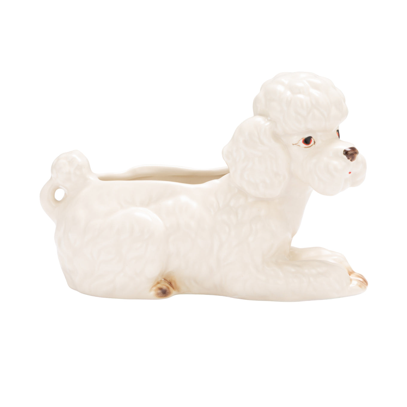 Hand-painted stoneware poodle planter with vintage reproduction design in white, brown, and black
